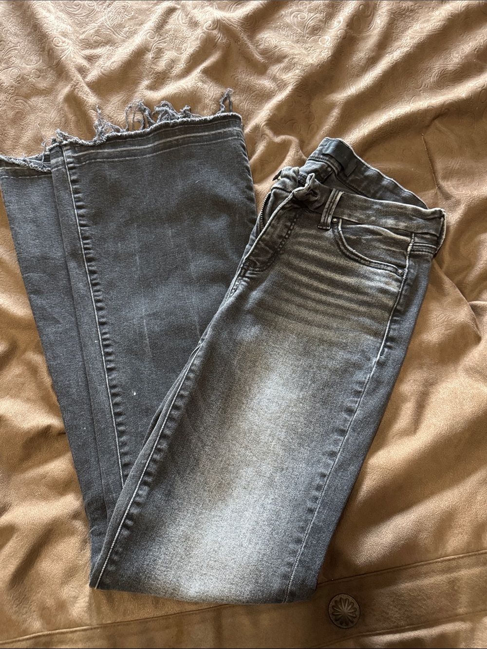 Buckle Gray Washed Flare Jeans with Frayed Hem